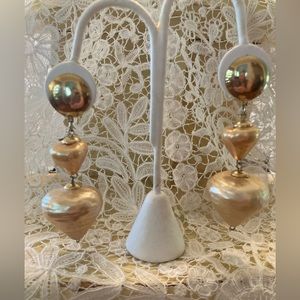 Vintage 1960’s GOLDTONE & Golden Faux Pearls CLIP ON Dangle Earrings 3” ATOMIC